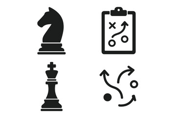 Business strategy and tactics vector icon set. Chess king and knight with game plan on clipboard. Metaphor for competition, solution, winning, management, and strategic moves.