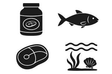 Protein sources icon set. Vector glyph symbols of meat, steak, fish, and supplements. Healthy food, nutrition, diet concept. Seafood, sea life with shell, seaweed, ocean.