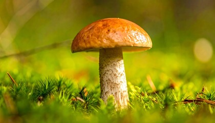 Solitary Orange-Capped Mushroom in a Lush Green Mossy Forest.