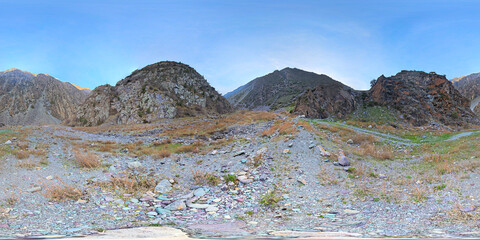 Spherical HDRi panorama of dry rocky riverbed in mountain ravine
