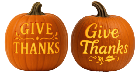 Two carved pumpkins display the phrase "Give Thanks" in decorative lettering, showcasing fall aesthetics and festive spirit.