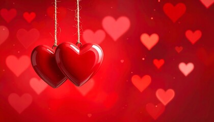 Two glossy red hearts, suspended by string, against a soft, blurred backdrop of floating heart shapes, evoke love