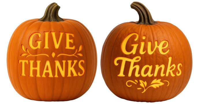 Two carved pumpkins display the phrase "Give Thanks" in decorative lettering, showcasing fall aesthetics and festive spirit.