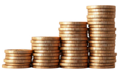 Stacks of gold coins arranged in ascending order, showcasing varying heights and creating a visually appealing pattern.