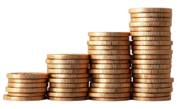 Stacks of gold coins arranged in ascending order, showcasing varying heights and creating a visually appealing pattern.