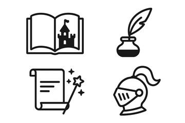 Vector fairytale icon set. Fantasy story elements collection. Book with castle, knight helmet, magic scroll, quill and ink. Logo design for games, literature, history. Outline pictogram.