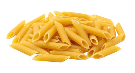 Isolated pile of raw penne pasta, uncooked durum wheat semolina, for cooking Italian dishes