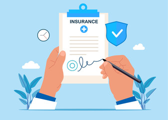 Fototapeta premium Health insurance contract. Hand holding clipboard with checklist and pen for medical report. Vector flat illustration