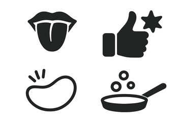 Taste and flavor icon set. Vector symbols for delicious food. Crunchy, crispy texture. Thumbs up for best quality rating. Frying pan with sizzling oil. Cooking concept.