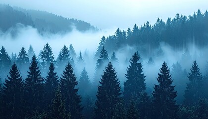 Obraz premium Misty Forest Landscape with Evergreen Trees Silhouetted Against Overcast Sky in Soft Focus Shot With an Overcast Blue Atmosphere