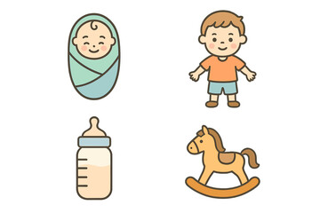 Baby and kid icon sign collection. Vector illustration of a swaddled newborn, young boy, baby bottle, and rocking horse toy. Cute cartoon symbols for childhood and parenting.
