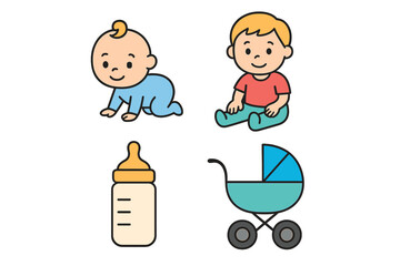 Cute baby and kid vector icon set. Collection of cartoon illustrations with a crawling infant, sitting boy, milk bottle, and stroller. Newborn and childcare symbols.