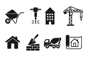 Construction and building icon set. Vector symbols for architecture, real estate, and engineering projects. Includes crane, mixer, house, blueprint, and tools. Black glyphs.