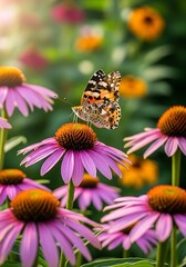 Painted Lady butterfly perched atop a vibrant Echinacea flower garden