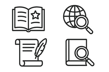 Vector line icon set for story and research. Includes book, globe, scroll, and magnifying glass symbols. Education, learning, knowledge, history, and analysis concept icons.