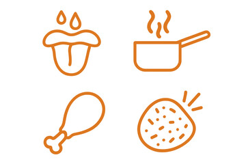 Food and cooking icon set. Vector line art symbols for taste, crunchy texture, hot meal, and fried chicken. Delicious food, gastronomy, and cooking process concept.