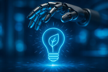 3d render of a robotic hand hovering over a glowing light bulb with a leaf icon, symbolizing green energy, sustainable technology, and eco-friendly solutions