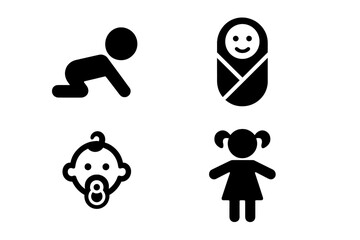 Baby icon set, kid and child symbols. Isolated vector objects for graphic design. Newborn, infant, toddler pictograms. Crawling baby, swaddled, pacifier, little girl glyphs.