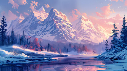 Snowy mountains reflected in a lake with pine trees and pink clouds in the sky at sunset time
