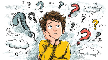 Playful Boy Thinking with Comic Style Question Mark