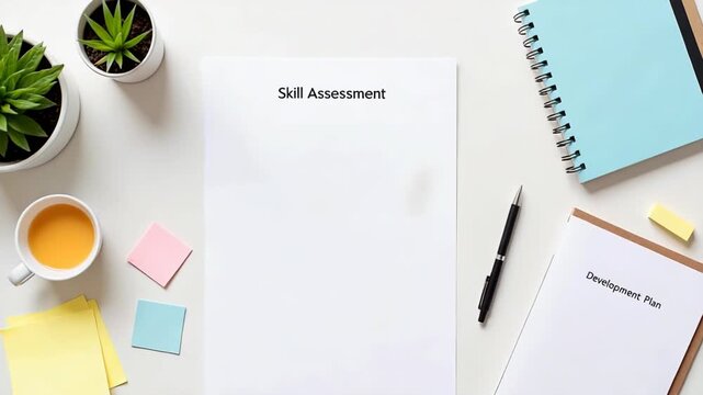 Desk workspace with skill assessment papers and office supplies  