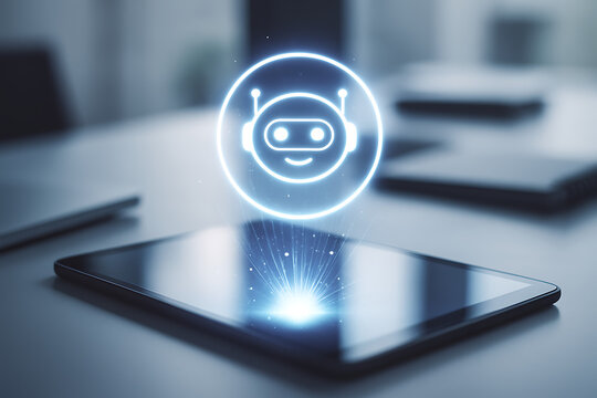 Conceptual image of smiling chatbot icon emerging from digital tablet screen representing artificial intelligence assistant for customer service and technology support solutions