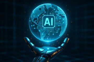 Robotic hand holding glowing blue earth globe with ai chip at the center representing global artificial intelligence, data network, and worldwide technological power concept