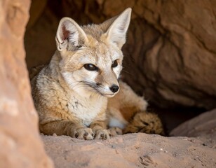 Desert Fox Resting in Cave Entrance.