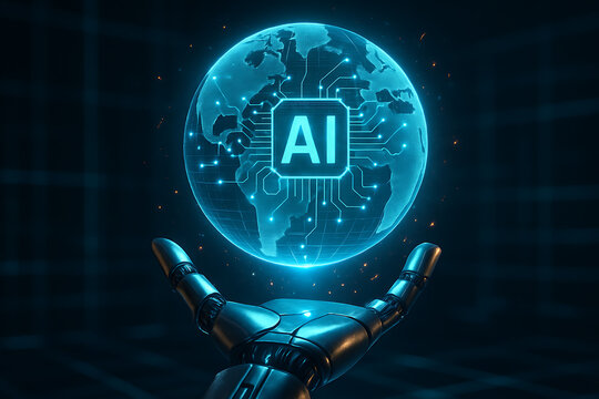 Robotic hand holding glowing blue earth globe with ai chip at the center representing global artificial intelligence, data network, and worldwide technological power concept