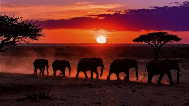 Sabana africana al anochecer con siluetas de elefantes y acacias contra un cielo naranja intenso