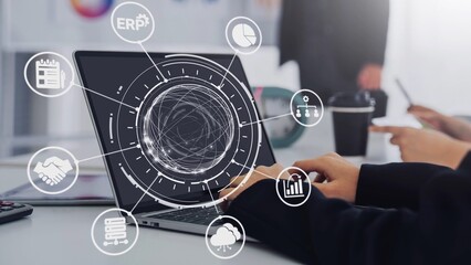 ERP icons show management, integration, and business process. ERP supports data management, ERP efficiency, and ERP organizational solutions. Gist