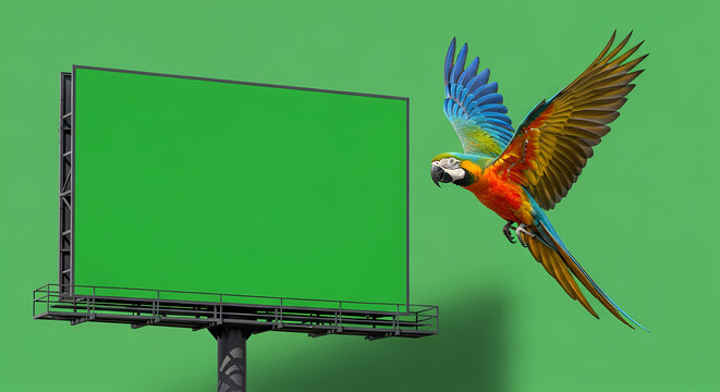 Blue and Gold Macaw Flying Next to a Large Blank Green Screen Mockup Billboard