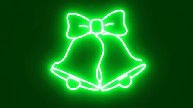 Neon Christmas Bells on Green Background - A glowing neon illustration of Christmas bells with a bow, set against a vibrant green background.