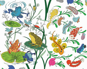 vector illustration of many types insects. hand drawn wild animal pattern isolated on white background. watercolor drawing of frogs, bee, snail, fish, etc.