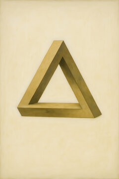 Impossible triangular sculpture with a wooden metallic appearance floating against a warm cream background creating a minimalist optical illusion focused on geometry perception and abstract design