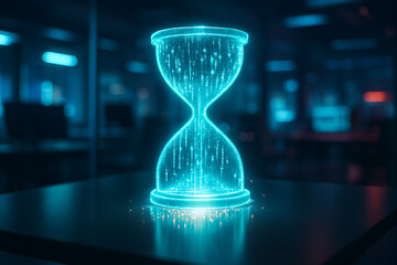 Abstract glowing blue digital hourglass, symbolizing time management, progress, deadline, data flow, and the futuristic concept of measuring time with technology and science
