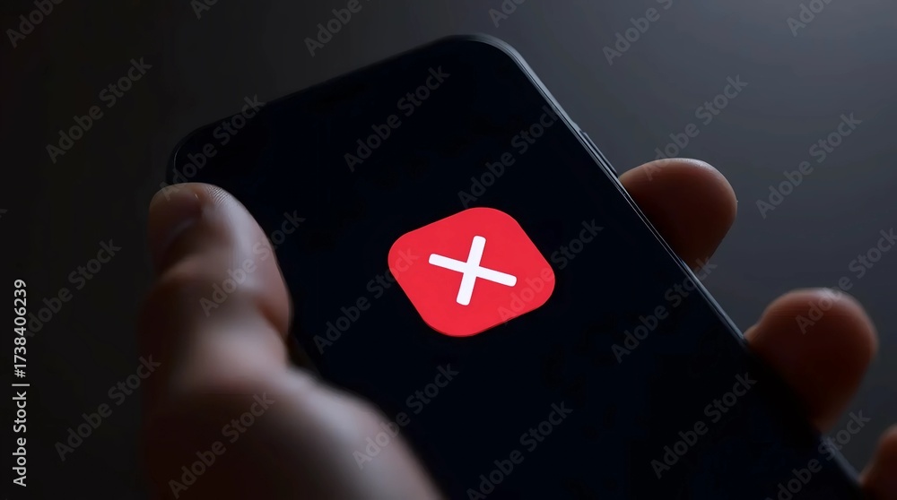 Wall mural close up of smartphone with red cross icon on dark background symbolizing error message, failed rati