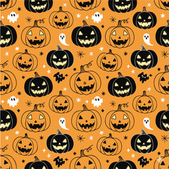 Seamless Halloween Pumpkin Pattern, Cute and Spooky Faces, Orange and Black Vector Design