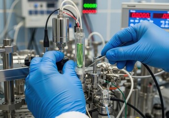 Scientist hands in blue glove operating complex laboratory equipment with green liquid. Nuclear fuel research and development for modern energy.