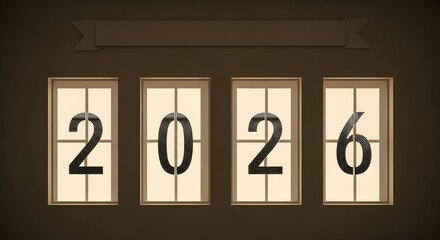 Year 2026 Countdown Display with Retro Window Frames