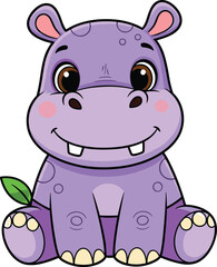 Cute baby hippo cartoon illustration with big eyes, adorable purple hippopotamus character smiling, children animal drawing, nursery art, wildlife design