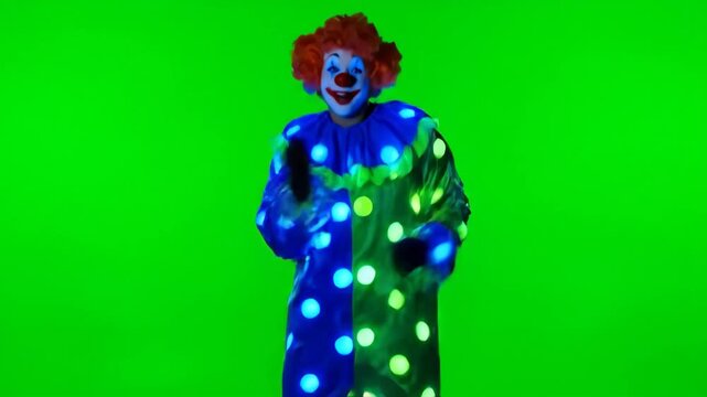 Neon Clown Dancing on Green Screen - A clown in a vibrant neon outfit dances against a green screen background.
