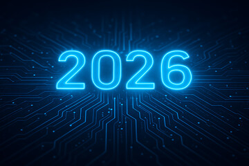 Digital number 2026 glowing on a dark blue futuristic circuit board background representing technological advance in the new year for business and innovation