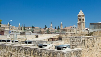 Jerusalem - Historic Stone City With Towers Under Clear Sky, Ancient Walls, Rooftops, and Sun Bright Vista