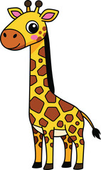 Fototapeta premium Cute cartoon giraffe standing with long neck, yellow body, brown spots, adorable jungle animal illustration, wildlife safari character for children design