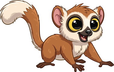 Cute cartoon lemur illustration with big yellow eyes, fluffy tail, adorable jungle animal drawing, funny wildlife character, playful exotic Madagascar primate