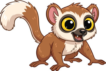 Cute cartoon lemur with big yellow eyes, fluffy tail, funny jungle animal character, adorable exotic Madagascar primate illustration for children books