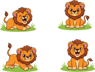 Cute cartoon lion cub set, adorable baby lion character illustration, playful jungle animal mascot design, wildlife artwork for kids and education