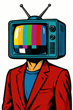 Retro cartoon figure wearing a red jacket has a vintage television for a head with colorful test bars on the screen creating a surreal media technology concept about identity and broadcasting