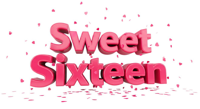 Photo of sweet sixteen text with pink confetti isolated on transparent background